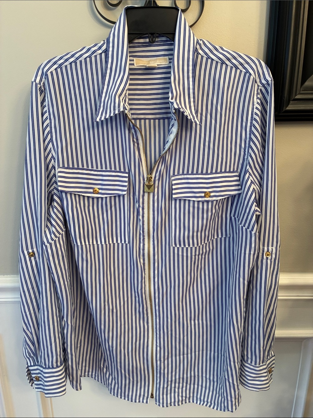 Michael Kors Blue & White ladies Striped Zip-Front Button-Down Shirt 2X